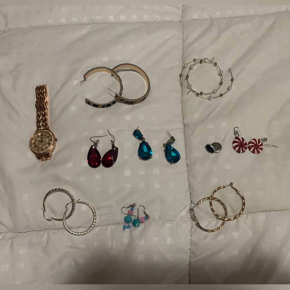 9 pairs of Earrings and watch bundle